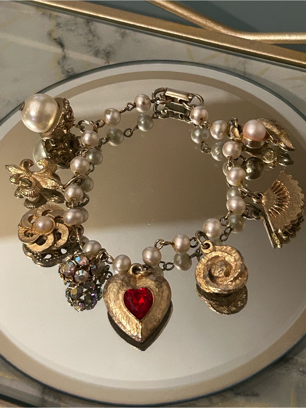 Vintage Gold Charm Braclet Pearl Rhinestone Heart Aurora Borealis Chunky